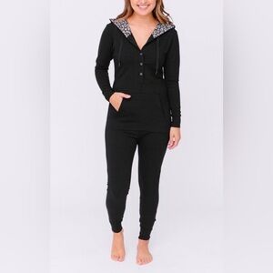 Smash + Tess Black Some Day Jumpsuit With Leopard Print Hood